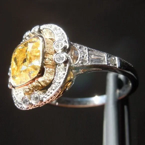 🍁 Noble Large Square Royal Yellow Gemstone Zircon Rings for Women, PD444 - Picture 2 of 7